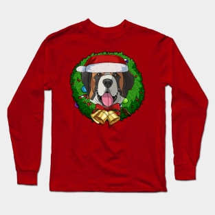 St Bernard Santa Christmas Wreath Long Sleeve T-Shirt